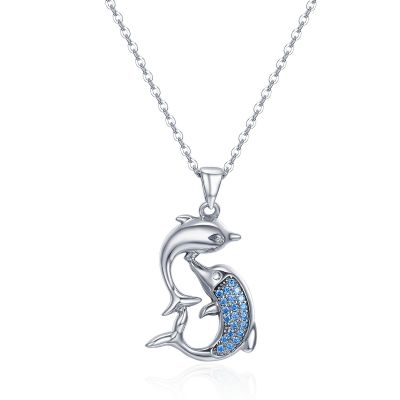 Sterling Silver Delicate Double Dolphin Design Round Cut Necklace