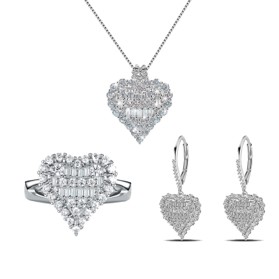 Sterling Silver Delicate Heart Shape Halo Round And Baguette Cut Jewelry Set