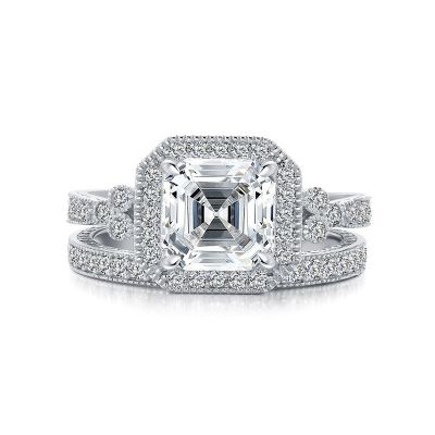 Sterling Silver Vintage Halo Asscher With Round Cut Wedding Ring Set