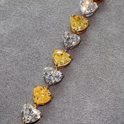 20ct Heart-Cut Yellow and White Diamond Sterling Silver Handmade Bracelet