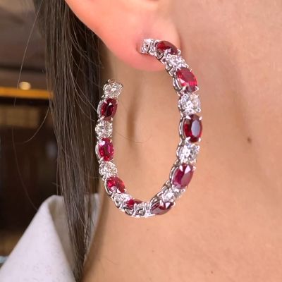13ct Oval And Round Cut Ruby Hoop Earrings