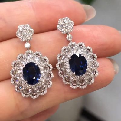 4ct Oval Cut Royal Blue Sapphire Drop Earrings