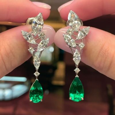 7.9ct Pear Cut Emerald Drop Earrings
