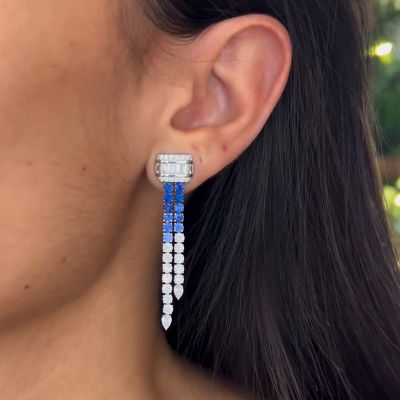 Round Cut White and Blue Sapphire Handmade Drop Earrings
