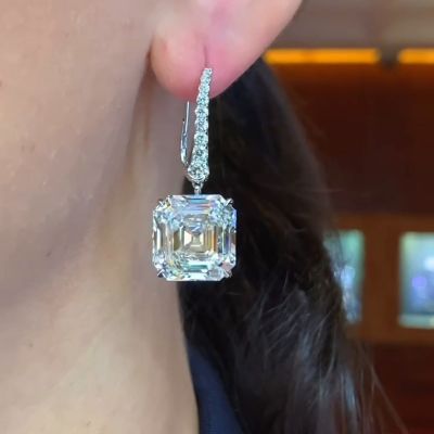 24.6ctw Asscher Cut White Sapphire Paved Drop Earrings