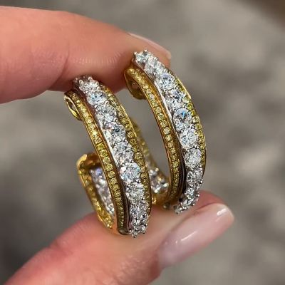 Round Cut White Sapphire With Yellow Sapphire Halo Yellow Gold Hoop Earrings