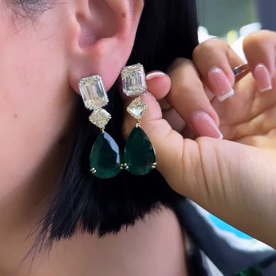 10ctw Pear Cut Emerald & Emerald Cut White Sapphire Chic Earrings 