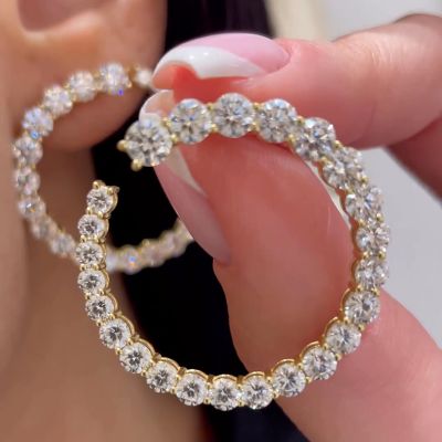 4.8ctw Round Cut White Sapphire Yellow Gold Hoop Earrings