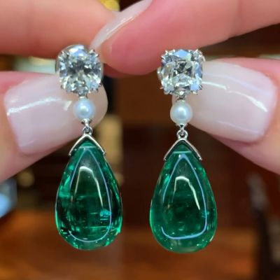 14.2ctw Pear Shape Cabochon Emerald With Cushion Cut White Sapphire Drop Earrings