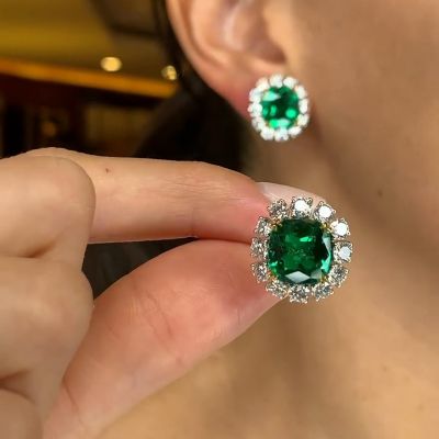 6ctw Cushion Cut Emerald With Round White Sapphire Halo Stud Earrings