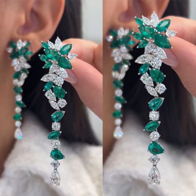 Pear Marquise & Round Cut Emerald and White Sapphire Handmade Drop Earrings