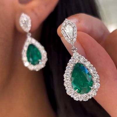 10ctw Pear Cut Emerald With A Round Cut White Sapphire Halo Handmade Drop Earrings