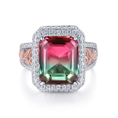 Sterling Silver Vintage Twist Two Tone Double Halo Emerald Cut Watermelon Engagement Ring