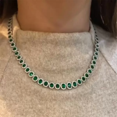 25ct Oval Cut Emerald Halo Sterling Silver Handmade Necklace