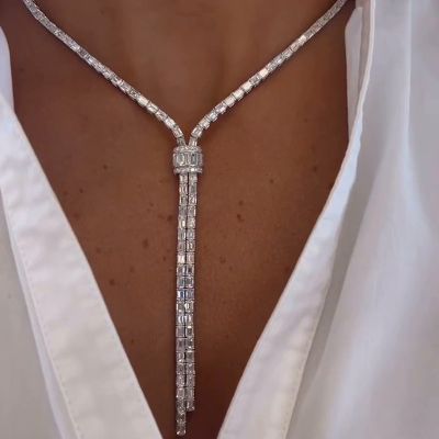 Emerald Cut White Sapphire Handmade Statement Sterling Silver Necklace