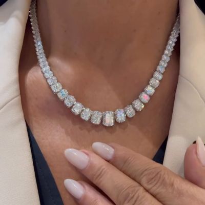 50ctw Cushion Cut White Sapphire Handmade Rivière Necklace