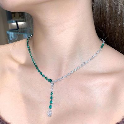 29.5ctw Pear Cut Emerald & White Sapphire Handmade Elegant Necklace