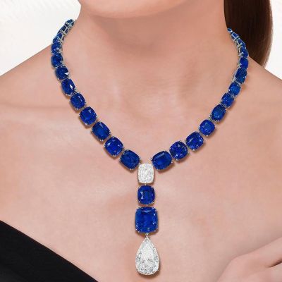 92ctw Cushion Cut Blue Sapphires & Pear Cut White Sapphires Handmade Pendant Necklace