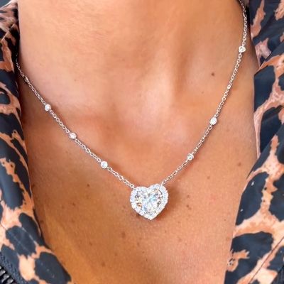 6ct Heart Cut White Sapphire Halo Handmade Sterling Silver Necklace