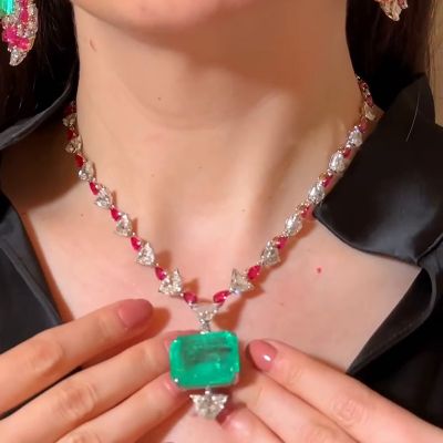 46.9ct Asscher Cut Emerald Pendant With Pear Ruby Handmade Flower Necklace