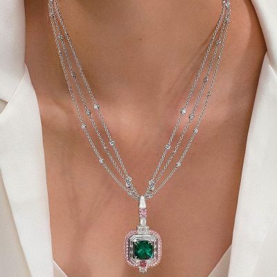 7.66ct Cushion Cut Emerald Green Paved Sterling Silver Pendant Necklace
