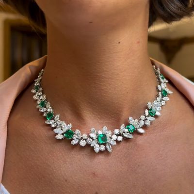 46ctw Asscher Cut Emerald Handmade Flower Necklace
