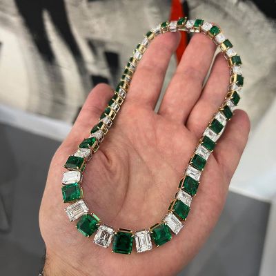 80ctw Emerald Cut Emerald Green & White Sapphire Royal Handmade Necklace In Yellow Gold