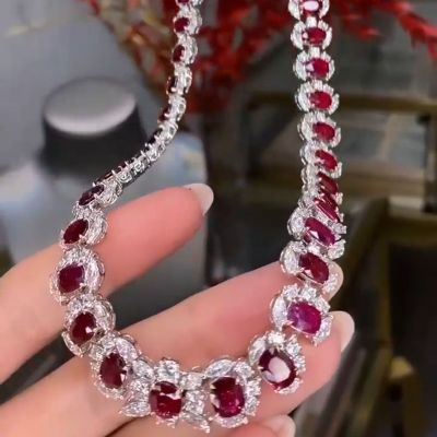 85ctw Oval Cut Ruby With Marquise and Round Cut White Sapphire Halo Luxury Handmade Necklace