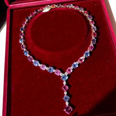 134ctw Cushion Cut Blue and Pink Sapphire With Round Cut White Sapphire Luxury Yellow Gold Necklace