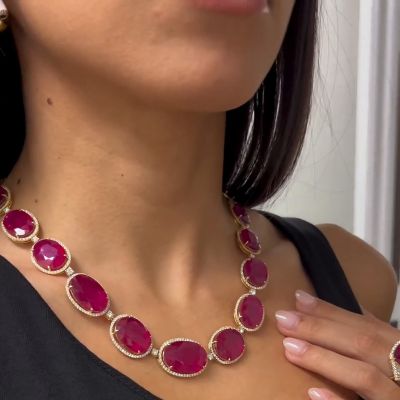 124ctw Oval Cut Ruby Halo Luxury Handmade Necklace