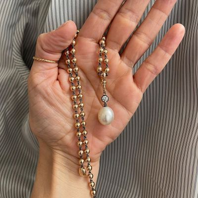 Round Cut White Sapphire Mermaid Treasures Pearl Ball Chain Rose Gold Necklace