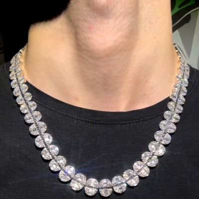 20ct Round Cut & 36ct Baguette Cut White Sapphires Set In Oval Shape Handmade Men's Necklace