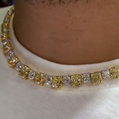 58ct Cushion Cut Yellow & White Sapphire Men's Yellow Gold Choker Necklace