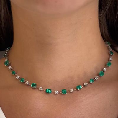 30ctw Multi-Cut Emerald & White Sapphire Handmade Necklace