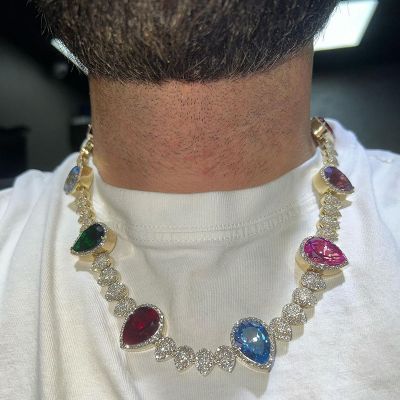 45ctw Pear Cut Multi-color Sapphires Paved Handmade Men's Necklace