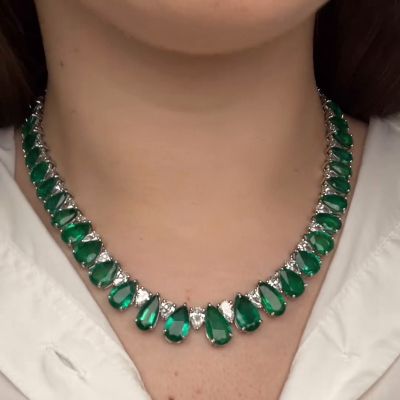 75ctw Pear Cut Emerald & White Sapphire Handmade Statement Necklace