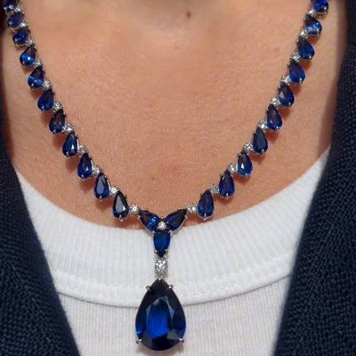 46ctw Pear Cut Royal Blue Sapphire Handmade Pendant Necklace