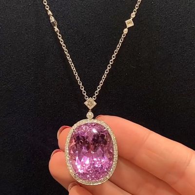 40ct Oval Cut Pink Sapphire Halo Pendant Necklace