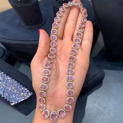58ctw Oval Cut Pink Sapphire Halo Luxury Handmade Necklace