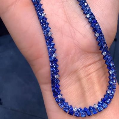 25ctw Round Cut Blue & White Sapphire Classic Handmade Necklace