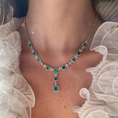 52ctw Asscher Cut Emerald & Marquise Cut White Sapphire Handmade Pendant Necklace