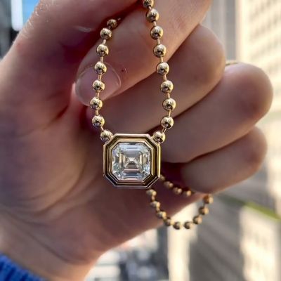 6ct Asscher Cut White Sapphire Double Bubble Bezel Ball Chain Yellow Gold Necklace