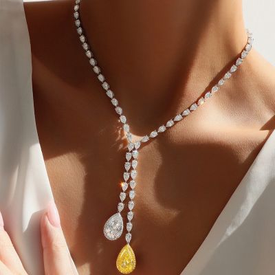 48ctw Pear Cut White & Yellow Sapphire Halo Pendant Handmade Necklace