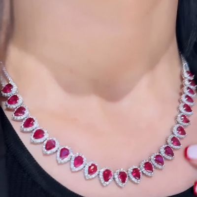 43ctw Half Pear Cut Ruby Halo Handmde Necklace