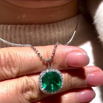 4.45ct Cushion Cut Emerald Halo Ball Chain Pendant Necklace