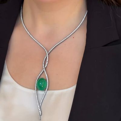 35ct Oval Shape Cabochon Emerald With Round Cut White Sapphire Black Rhodium Chain Necklace