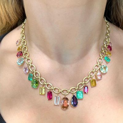 Multi-Cut Rainbow Sapphire Yellow Gold Link Chain Pendant Necklace