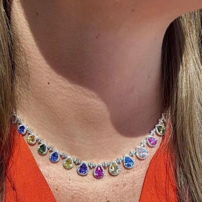 44ctw Pear Cut Rainbow Sapphire Halo Handmade Luxury Necklace