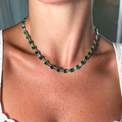 50ctw Emerald Cut White Sapphire & Emerald Green Handmade Necklace