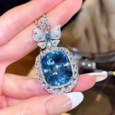 70ct Cushion Cut Aquamarine Handmade Butterfly Necklace